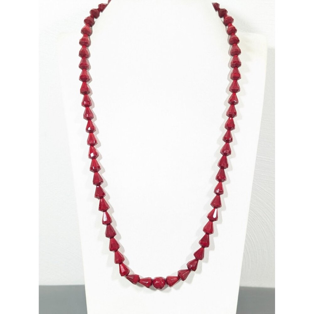 Vintage Red Faceted Glass‎ Teardrop Beaded Strand Necklace 22" MCM